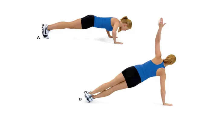 woman doing Rotation T exercise on two steps