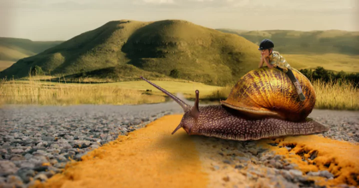 snail in 3d in the middle of the road with a little kid up on it